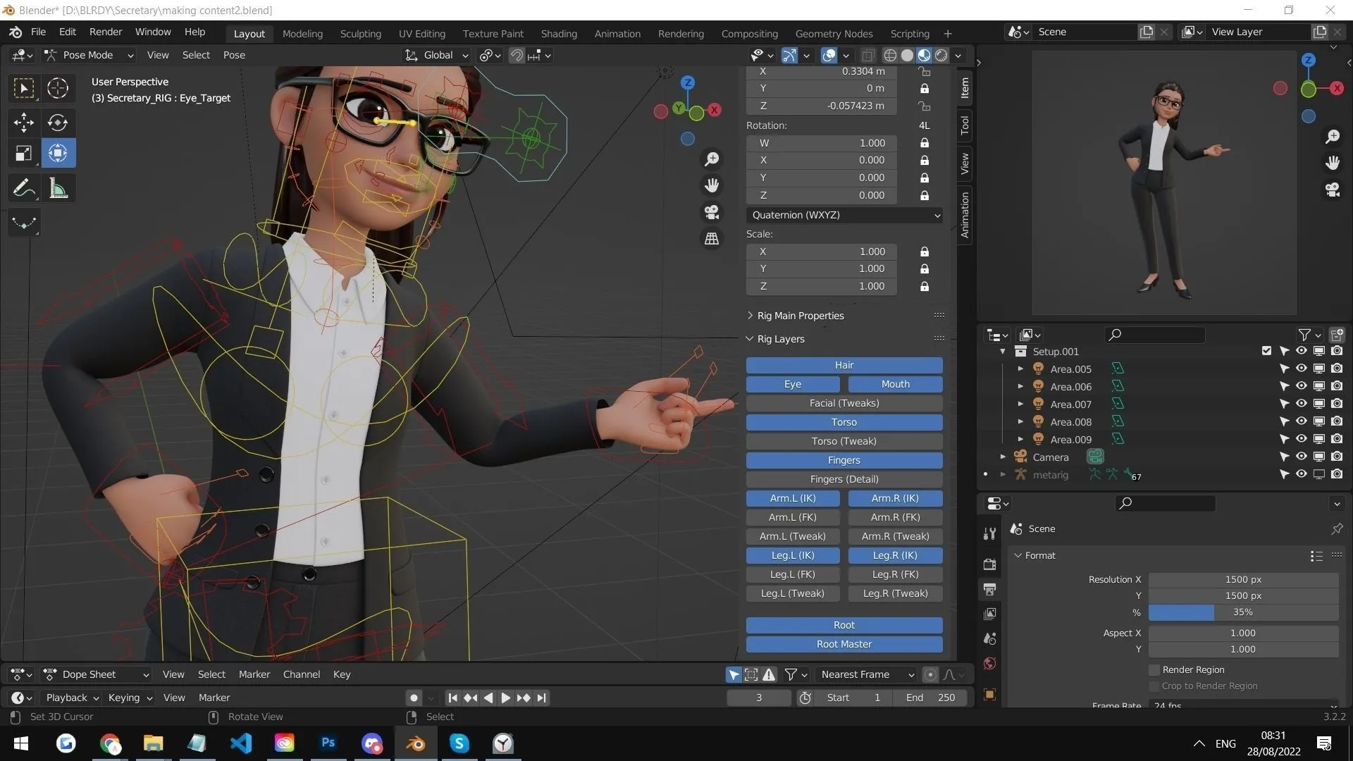 Secretary Business Woman Character 3D model in Blender workspace